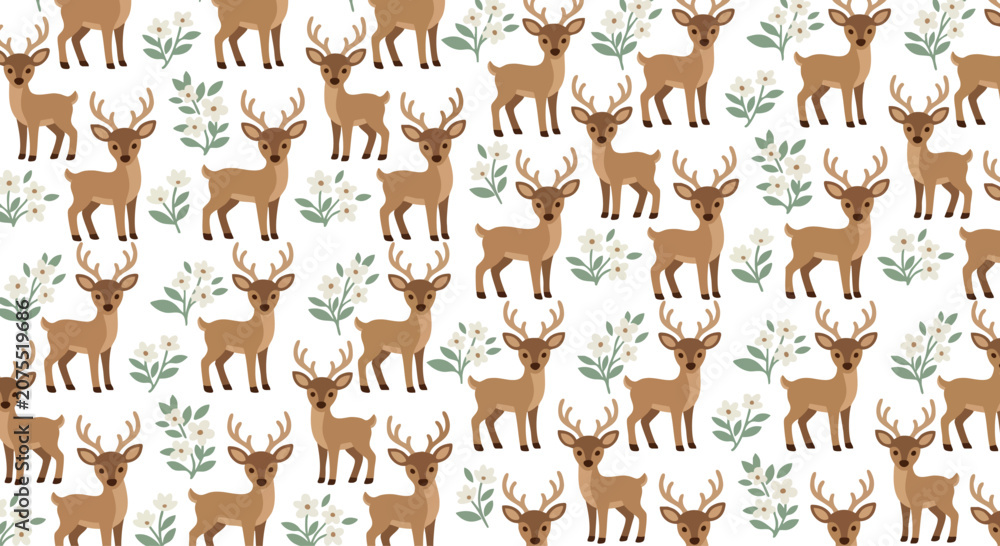 Fototapeta premium Woodland Deer Seamless Background Pattern Featuring Elegant Forest Animals, Rustic Botanical Elements and Cozy Nature Inspired Design