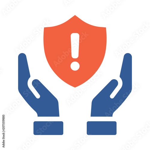 Photos A graphic illustration of two hands protecting a red shield with an exclamation