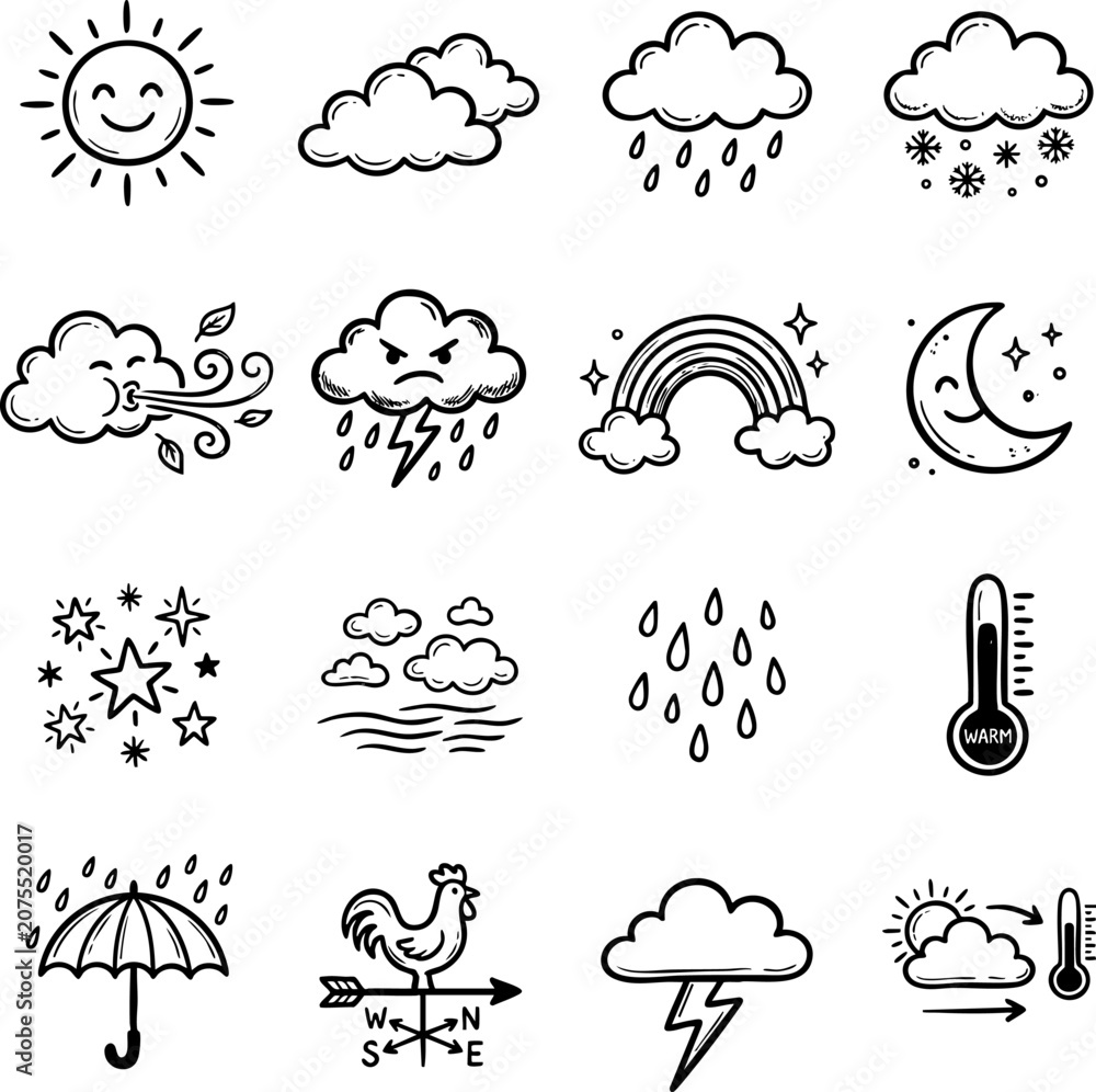Naklejka premium Weather and climate forecast outline icon set with forecast meteorology lightning temperature