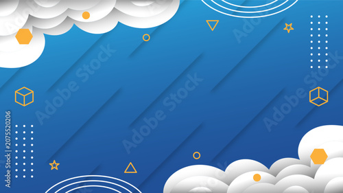 Blue geometric abstract background features white paper clouds with clean modern shapes