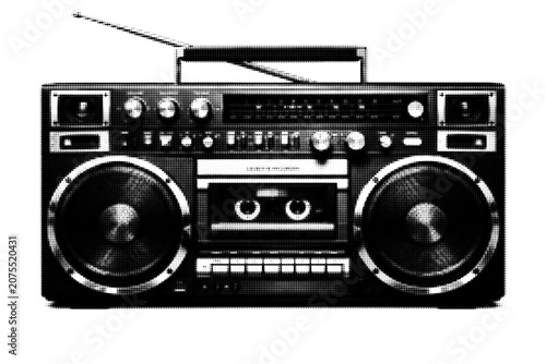 Retro 80s Boombox Illustration with Halftone Dotted Pattern, Vintage Pop Art Style Ghetto Blaster Vector