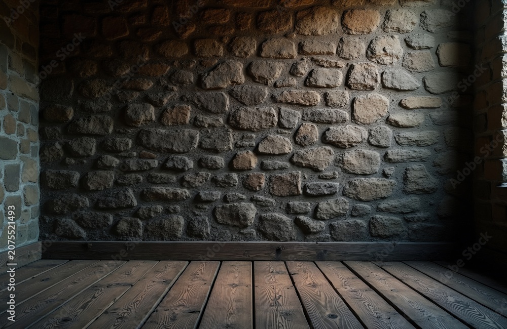 Fototapeta premium Interior room features rough stone wall with wooden planks floor. Dim lighting creates moody atmosphere. Useful for backgrounds, game levels or historical settings.