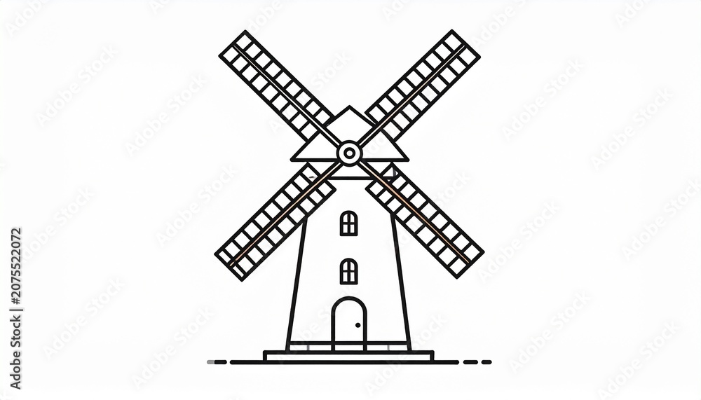 Fototapeta premium Simple line art illustration of a traditional windmill building design perfect for architectural concepts and farm landscape icons.