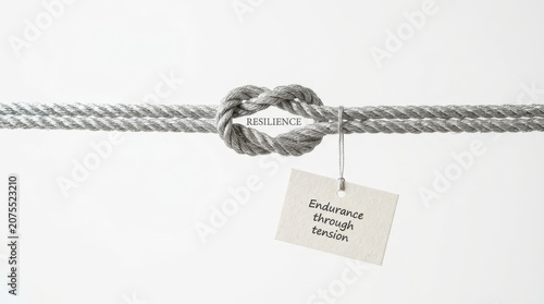 Rope knot with tag reading Endurance through tension