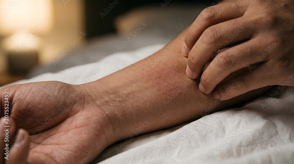 Fototapeta premium Person suffering from itchy skin rash on forearm while resting in dark bedroom at night.