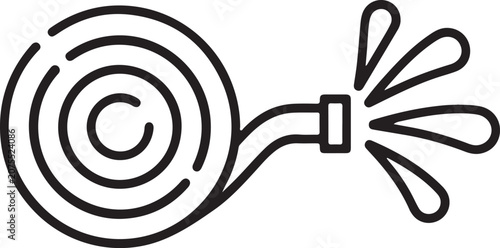 Fotografie A minimalist, black-and-white line art icon featuring a coiled water hose spraying water