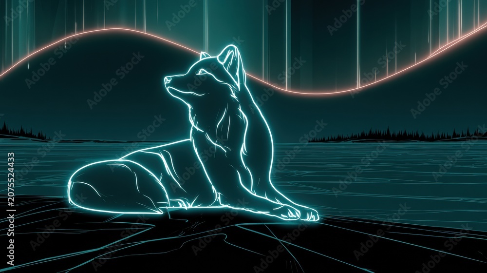 Fototapeta premium An arctic fox gives off neon light in a frozen landscape with an aurora overhead and dark surroundings.