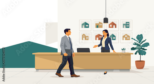 Real estate office scene with agent and client