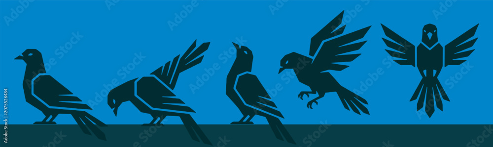 Fototapeta premium Illustration of birds in various poses, including flying and perched, against a blue background.