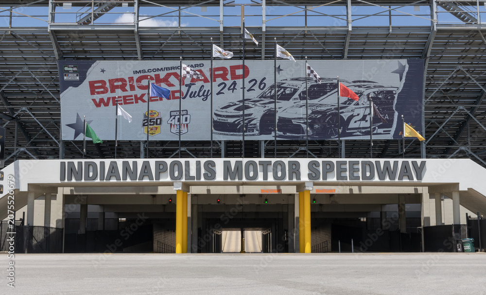Fototapeta premium Indianapolis Motor Speedway Gate Two entrance with Brickyard Weekend banner. IMS is the Racing Capital of the World.