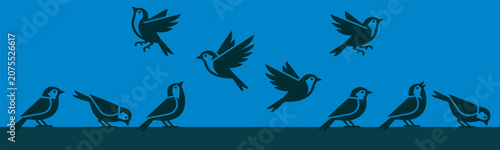 Photos Illustration of a flock of small birds, some perched and some in flight, against a blue background, depicting various natural bird behaviors