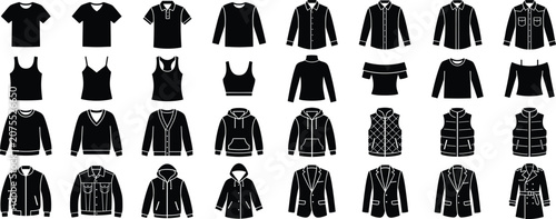 A comprehensive set of black silhouette icons representing various types of men's and women's apparel including shirts, sweaters, jackets, and coats.