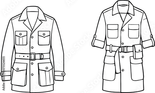 Professional black and white line art vector illustration showing two different styles of modern men's safari jackets with pockets and belts.