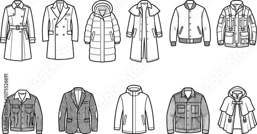 A comprehensive set of professional line art illustrations featuring various styles of winter outerwear, coats, and jackets for fashion design and apparel concepts.