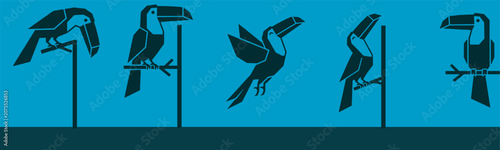 Obraz premium Stylized Toucan Silhouettes in Various Poses on a Blue Background.