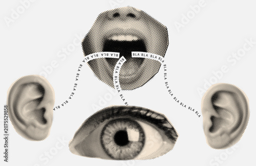 Vintage halftone eye,ears and mouth collage elements on white background