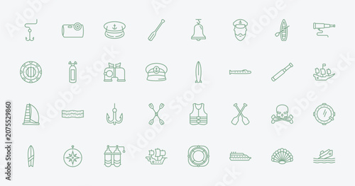 Fotografie outline nautical icons set - double bait, water resist camera, one suroard, skull and bones