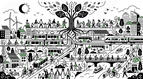 Detailed illustration of a tree connecting diverse urban life and nature.
