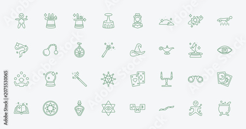 Photos outline magic icons set - voodoo doll, magic trick, witch hat, handcuffs