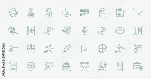 фотографія outline law and justice icons set - qualified protection, convict, immigration, tax law
