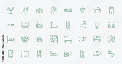 Photos outline hardware icons set - firewire, parabolic, keypad phone, camera
