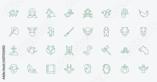 Foto outline fairy tale icons set - chimera, little red riding hood, goblin, cinderella carriage