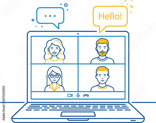 Diverse group in video conference on laptop screen with speech bubbles during online meeting vector illustration