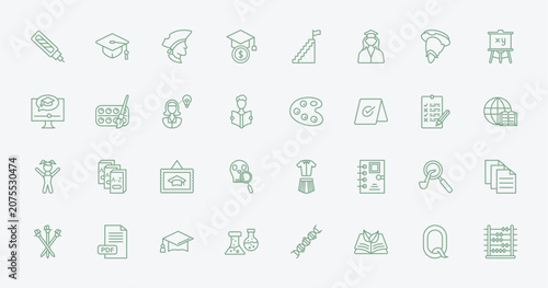 Photos outline education icons set - corrector, graduation cap, paint palette, sherlock holmes