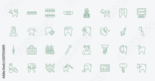 Tableau sur toile outline dentist icons set - tooth cleaning, dental brackets, bacteria in mouth, apicoectomy
