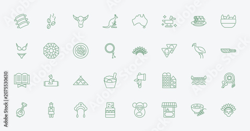 Obraz na płótnie outline culture icons set - pork ribs, coffee grains, indian headdress, native american canoe