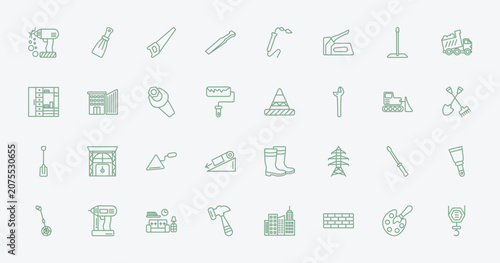 Bild auf Leinwand outline construction icons set - electric drill, scratcher tool, road stopper, repair screwdriver
