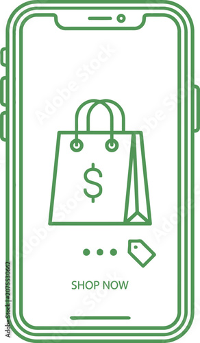 Smartphone screen displaying shopping bag with dollar sign and shop now button for online commerce concept vector illustration