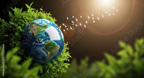 The earth surrounded by lush greenery with birds flying around it in sunlight
