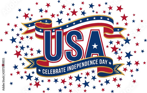USA letters with ribbon and stars during Independence Day celebration Vector Illustration