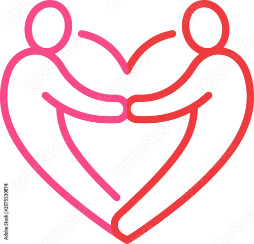 Two stylized people forming a heart shape with linked hands during an embrace in a gradient love concept vector illustration