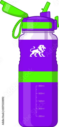 Vibrant purple and green sports water bottle with lion emblem during outdoor activity