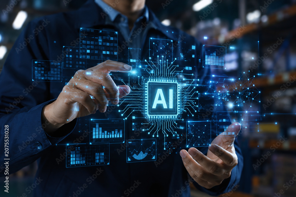 Fototapeta premium Logistics worker managing warehouse operations with artificial intelligence technology and digital data interface for smart supply chain management.