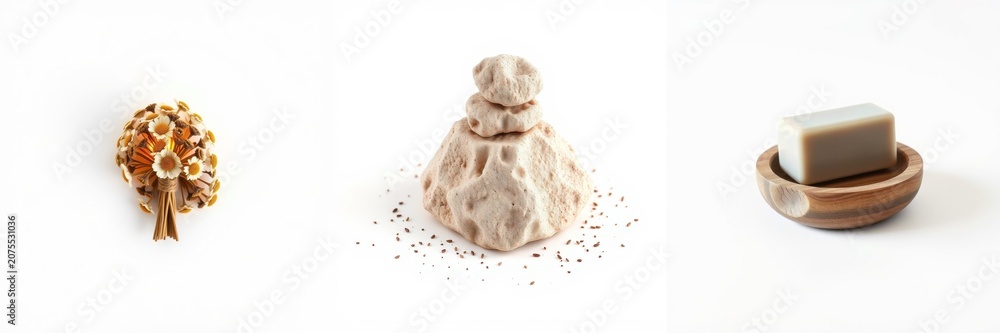 Fototapeta premium Minimalist composition. Three objectsdried flowers, salt pile, soap blockarranged on white background. Subtle textures, neutral tones present.