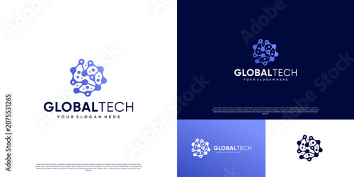 Foto global technology innovation logo, interconnected molecular shapes, circular abstract shapes, digital network symbols, vector graphic illustration