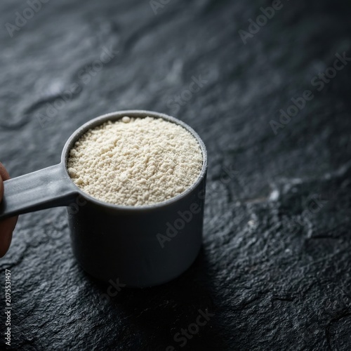Protein Powder Supplement Scoop on Dark Stone Texture Background for Fitness and Wellness Marketing with Copy Space for Flexible Layout Design