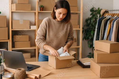 Young Business Woman Packing a Cardboard Box for Order Shipment in Her Small Online Shop Office