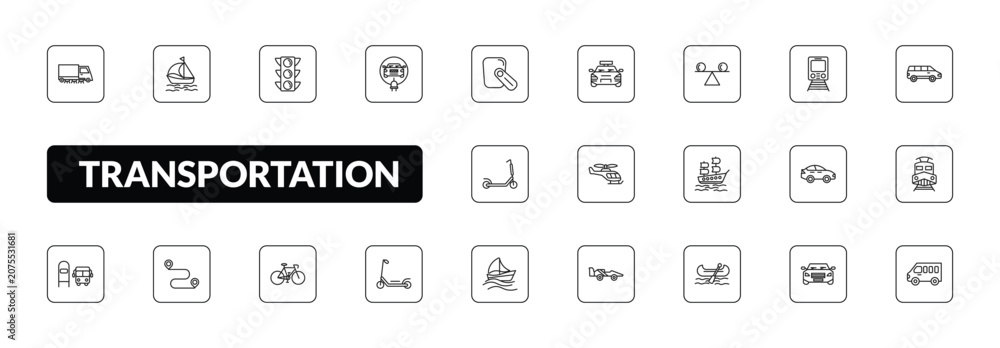 Obraz premium outline transportation icons set - road sweeper, sail boat, electric car, minibus. editable vector for web and mobile ui