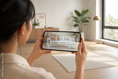 Woman Using Augmented Reality App on Smartphone to Visualize Furniture Placement in Living Room