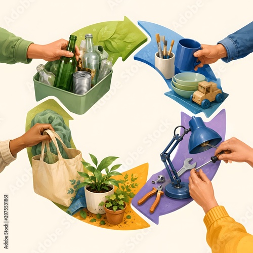 Circular Economy Concept Illustration Showing Recycling Reuse Repair and Sustainable Living Practices