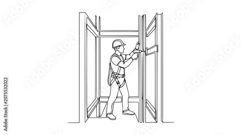 Construction worker installing door frame with drill, safety harness, line drawing