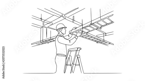Electrician on ladder installing cable trays in suspended ceiling, line art