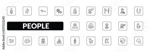 Cuadro en lienzo outline people icons set - playing with a rope, sitting man reading, man girl and dog, chat balloon