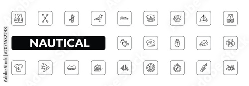 Photos outline nautical icons set - vest, double paddle, seagull, aqualung