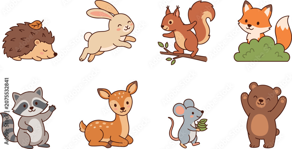 Fototapeta premium Cute Woodland Forest Animals Cartoon Character Collection with Adorable Wildlife Illustrations