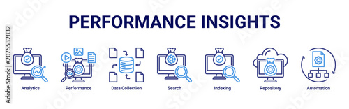 Obraz na plátně Performance Insights web banner icon vector illustration with icons of Analytics
